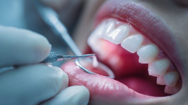 Close-up of oral examination with dental mirror and probe near tooth, concept, dental implant, prosthodontics, periodontics, oral surgery, restorative dentistry assessment.