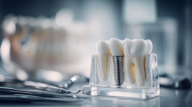 Close-up of a dental implant model with crown and surrounding tooth, representing implant placement and restorative dentistry.