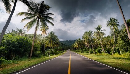Fototapeta premium scenic tropical road surrounded by palm trees under an overcast sky