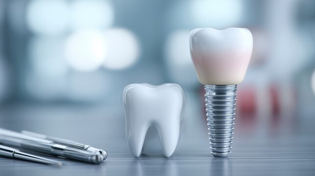 Close-up of a dental implant with abutment and crown beside a natural tooth and dental tool, representing dental implant, prosthodontics, periodontics, oral surgery, restorative dentistry.