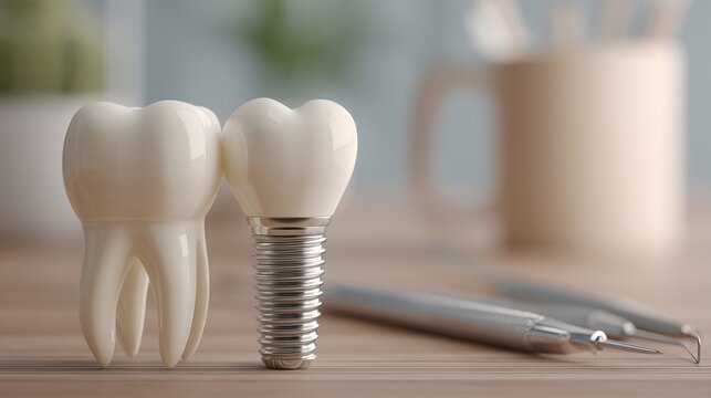 Close-up of a dental implant screw next to a natural tooth model and dental tools, symbolizing tooth replacement and implant dentistry.