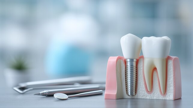 Model of dental implant beside natural tooth with dental mirror and explorer, representing implant placement and restorative dentistry procedure.