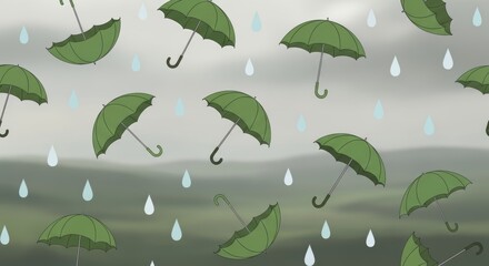 a bunch of green umbrellas floating in the air with raindrops rainy scene green umbrellas floating o