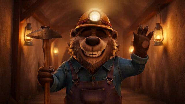 Cartoon bear miner waving in mine with pickaxe and headlamp cheerful character in underground setting for animated content