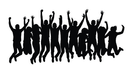 Jumping Crowd Silhouette Illustration, Happy People Celebrating Success and Party