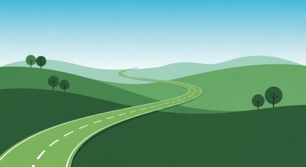Fototapeta premium a green road winding through rolling hills with trees on either side under a blue sky with white clo