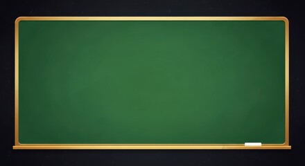 A blank green chalkboard with a wooden frame and a piece of white chalk on the ledge against a black