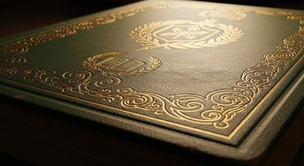 Fototapeta premium A close-up view of a luxurious green book with gold embellishments on the cover in natural lighting