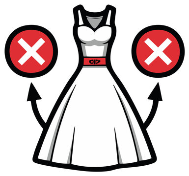 Refusing wedding dress with red X marks and arrows symbolizing a negative choice with no sign, a dress refusal or declined choice