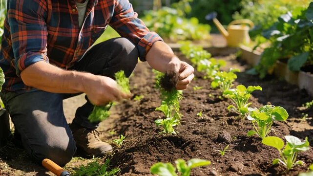Man weeding young vegetables in garden bed, hands removing unwanted plants between crop rows, organic gardening work supporting healthy growth and sustainable home food cultivation.