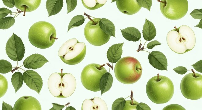 a seamless pattern of green apples and leaves on a light blue background with one red apple green ap