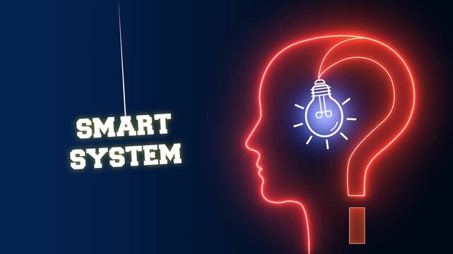 Professional smart system text sign on a red neon background with a glowing human head profile and light bulb for advanced industrial and digital logic