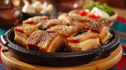 Fototapeta premium Deliciously Crispy Pork Belly Seared to Perfection with Spices on a Sizzling Plate Surrounded by Fresh Vegetables and Aromatic Herbs