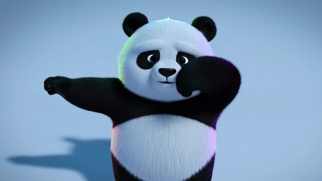 Cute animated panda waving and presenting on a light blue background for kids content or animation projects showing a friendly cartoon bear