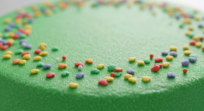 a green cake with colorful sprinkles on top and sides closeup baked goods cake close up colorful spr