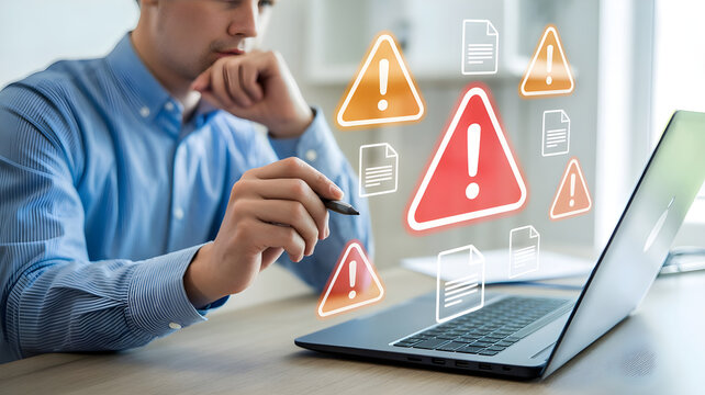 Serious employee looking at laptop screen with multiple warning triangle icons and file symbols representing data security risk and system failure