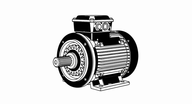 Detailed illustration of an electric motor with ribbed housing and a geared shaft