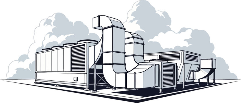 Industrial air handling units with large ducts and vents under clouds