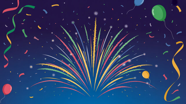 Vibrant fireworks explosion with colorful confetti and balloons in dark blue night sky for celebration