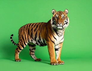 Obraz premium A tiger stands on a green background