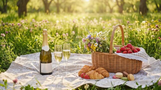 Romantic picnic setup with sparkling drink, pastries, strawberries and flowers on blanket in sunny meadow, outdoor leisure scene for celebration, lifestyle relaxation and summer gathering.