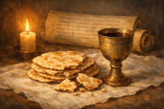 Golden chalice with red wine, unleavened bread and candlelight on linen cloth, biblical communion scene