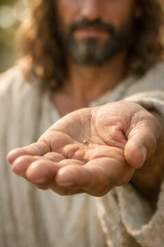 Jesus holding a mustard seed in open palm symbolizing faith and hope from the biblical parable of growth