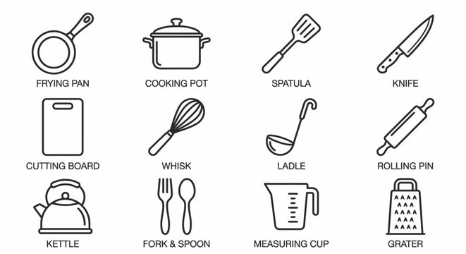 Minimalist kitchen utensils line art icon set featuring frying pan, cooking pot, chef knife, spatula, whisk, ladle, cutting board, rolling pin, and kettle. Clean monoline outline vector design