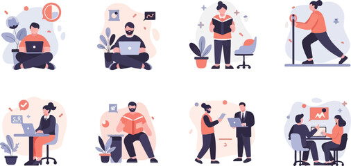 Diverse individuals engaged in work, reading, and exercise activities