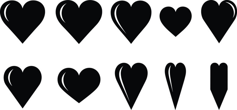 Black heart shape icon collection in different styles for love symbols, romantic graphics, Valentine design elements, social media reactions, and decorative vector icons