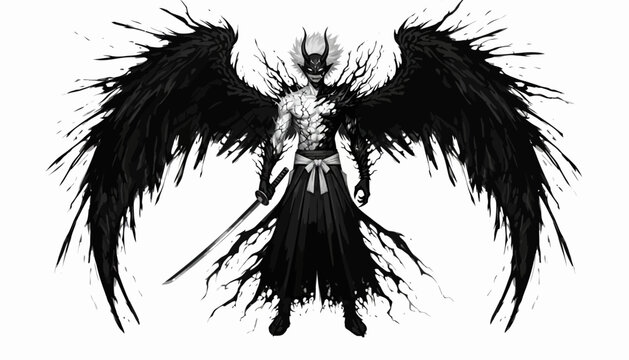 a black and white illustration of a demon with wings.