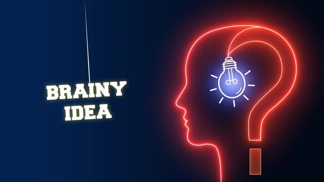Brainy idea text sign on a red neon background with a glowing human head profile and light bulb for genius brainstorming and creative discovery