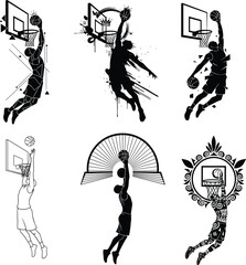 Basketball silhouettes of athletes slam dunking, jumping, artistic styles, dynamic court sport vector design illustration © Hello World