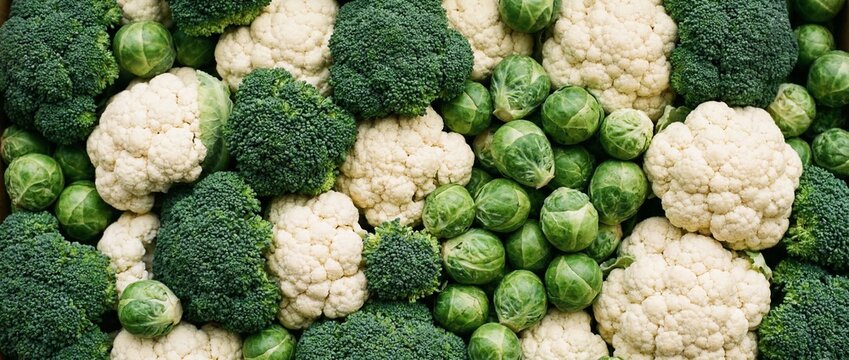 Close Packed Assortment of Broccoli Cauliflower and Brussels Sprouts Filling Entire Frame