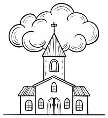 Fototapeta premium Hand-drawn illustration of a simple church building with a cross on the steeple and a large cloud overhead