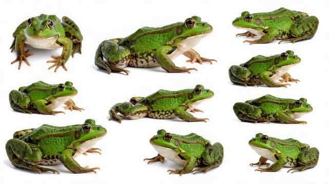 Multiple green marsh frogs sitting in various positions and angles on a clean white background studio shot