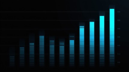 Abstract data visualization of rising bar graph with blue tones representing growth in business metrics on a dark background for financial analysis