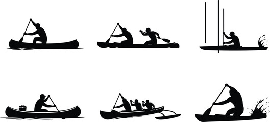 Canoeing and kayaking silhouettes paddling single, tandem, slalom, outrigger styles, diverse water sport vector design illustration