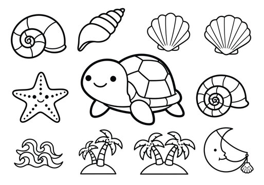Cute Black and White Outline Sea Life and Beach Elements Vector Set for Kids Coloring Books, Summer Crafts, and Educational Resources