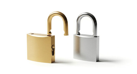 Two shiny metal padlocks, gold and silver, open, on white background