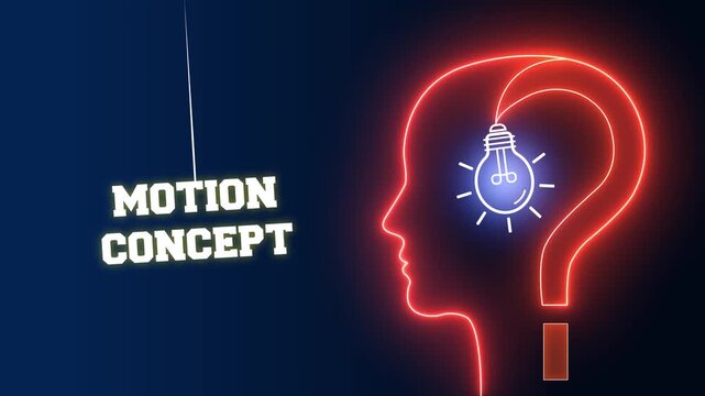 Dynamic motion concept text sign on a red neon background with a glowing human head profile and light bulb for fluid creative thinking