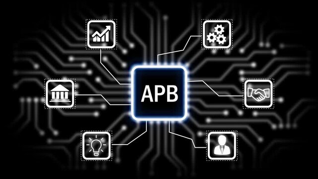 APB technology, business concept with glowing circuit board and icons for ideas gears communication growth and partnership .4k animation 