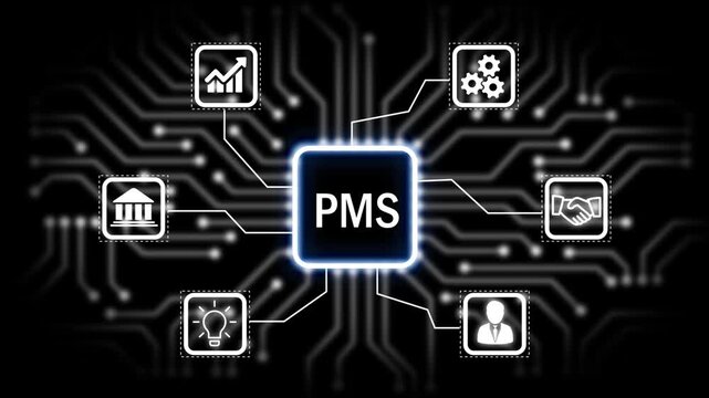 PMS technology, business concept with glowing circuit board and icons for ideas gears communication growth and partnership .4k animation 