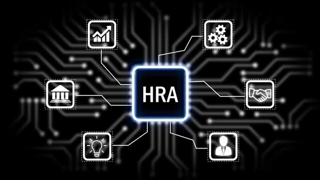 HRA technology, business concept with glowing circuit board and icons for ideas gears communication growth and partnership .4k animation 