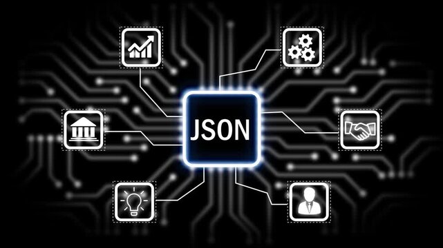 JSON technology, business concept with glowing circuit board and icons for ideas gears communication growth and partnership .4k animation 