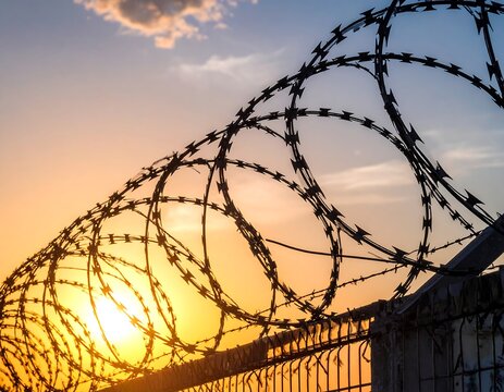 A sunset behind a close-up of coiled barbed wire on a fence