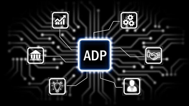 ADP technology, business concept with glowing circuit board and icons for ideas gears communication growth and partnership .4k animation 