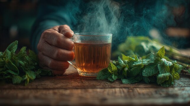 hands holding steaming glass cup of herbal mint tea on wooden table, fresh mint leaves surrounding, shallow depth of field emphasizing steam, glass texture, and vibrant leaves