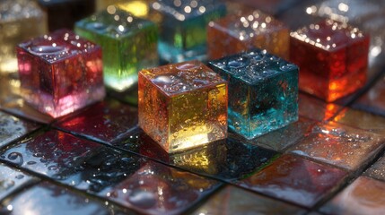 macro close-up of multicolored glass cubes on wet reflective tiles, tiny water droplets on cubes and tiles, shallow depth of field emphasizing glossy surfaces, reflections, and sparkling highlights