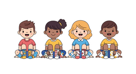 Four diverse children wearing colorful socks and smiling while sitting together in a fun, cartoon illustration promoting happiness and togetherness